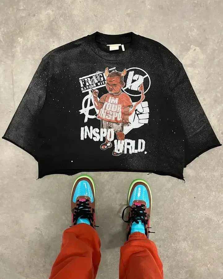 Retro High Street Printed Three Quarter Sleeve Baggy T-Shirt Women's Gothic Punk Rock Y2K Short Sleeve Harajuku Oversized Top