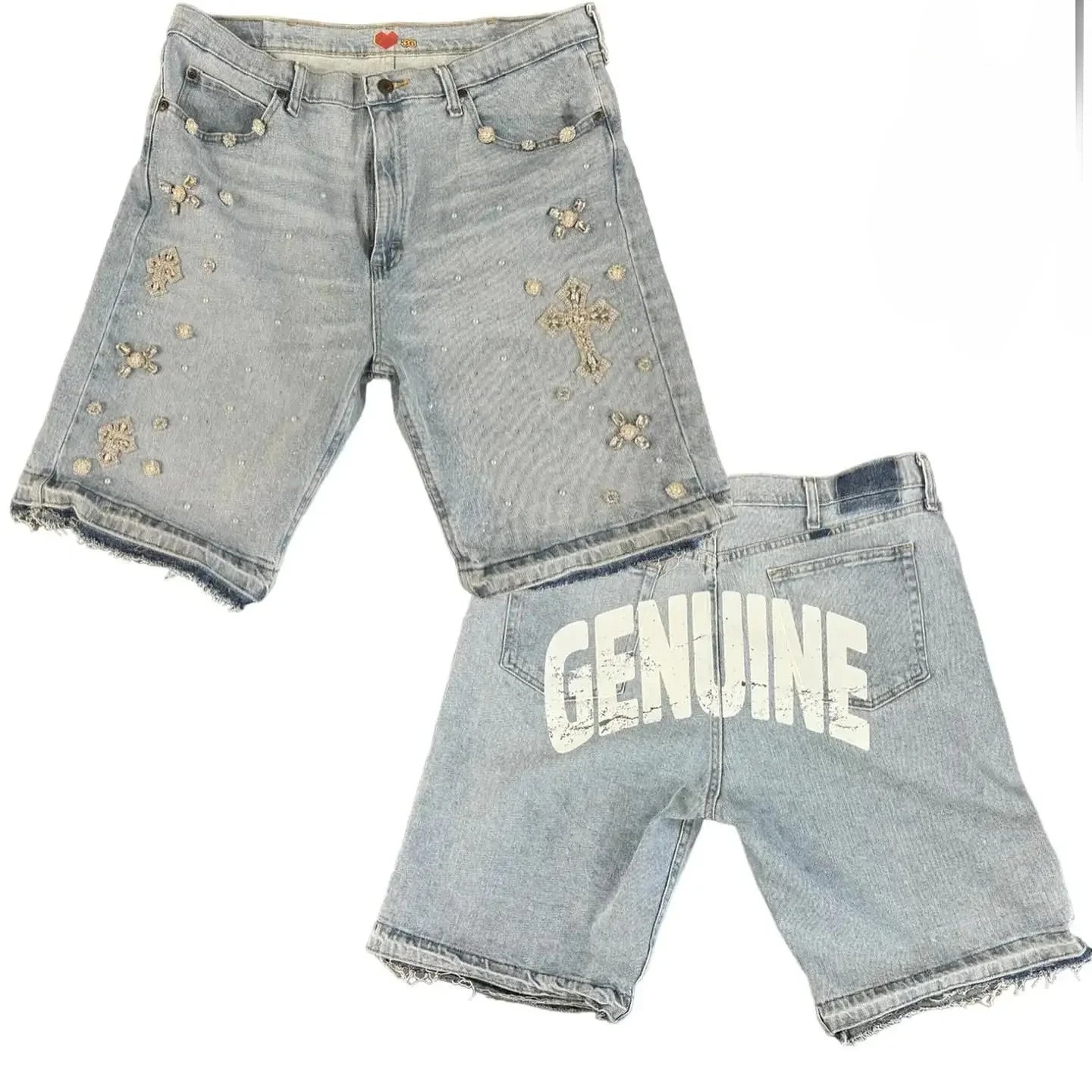 Embroidered denim shorts retro blue casual pants Y2K gothic high street trend diamond cross pattern street clothing hip hop men