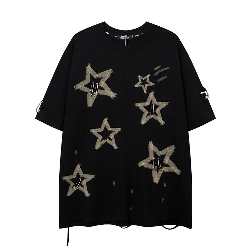 Fashion High Street Oversized Hip Hop T Shirts Streetwear Ripped Tees Star Printed Loose Fit Short Sleeve Tops Tshirt