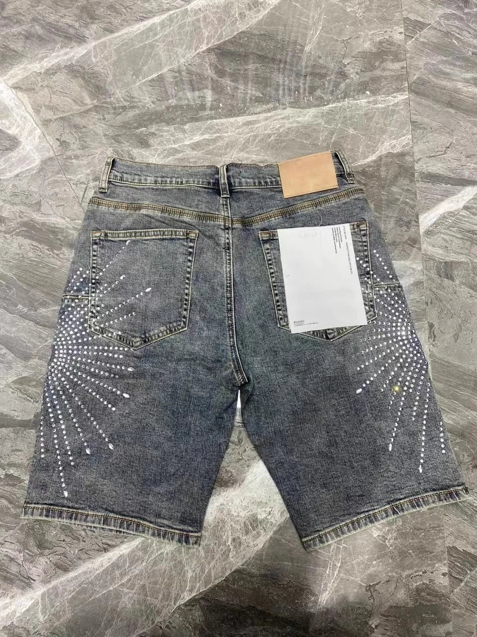 Denim Shorts Mens Women with Stunning Rhinestone Sunburst Design High Quality Casual Summer Shorts Available in Blue and Gray