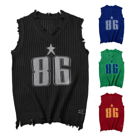Men's Vest Summer Fashion Knitted Letter Pattern Mesh Sleeveless Vest Casual Breathable Knit Soft Vest Top Men US Size