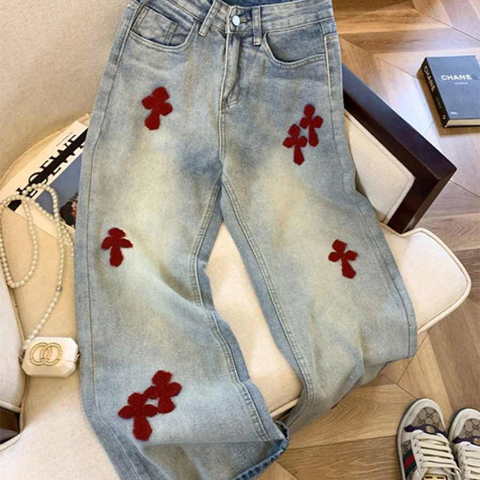 New Lady's Jeans Embroidered Pattern Women's Jeans Spring And Summer Edition Washed High Waist Wide Leg Straight Leg Floor Pants