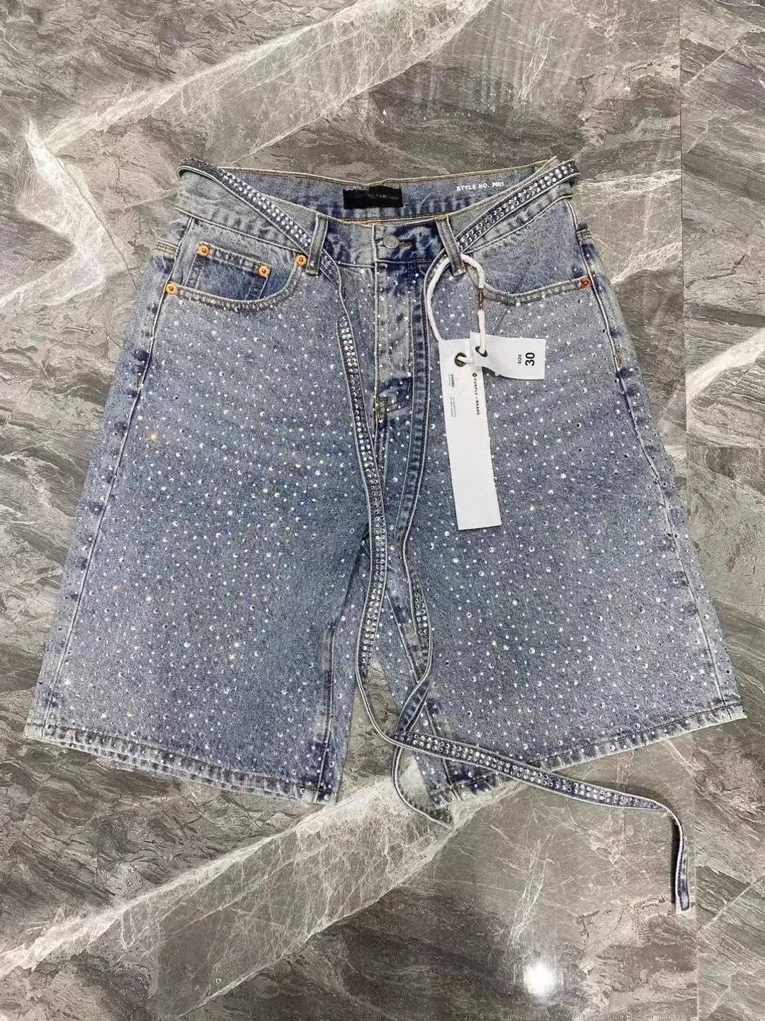 American Retro Rhinestone Sequin Denim Shorts Y2K Jeans Men Women Retro Ribbon Washed Baggy Shorts Low Waist Over The Knee Pants