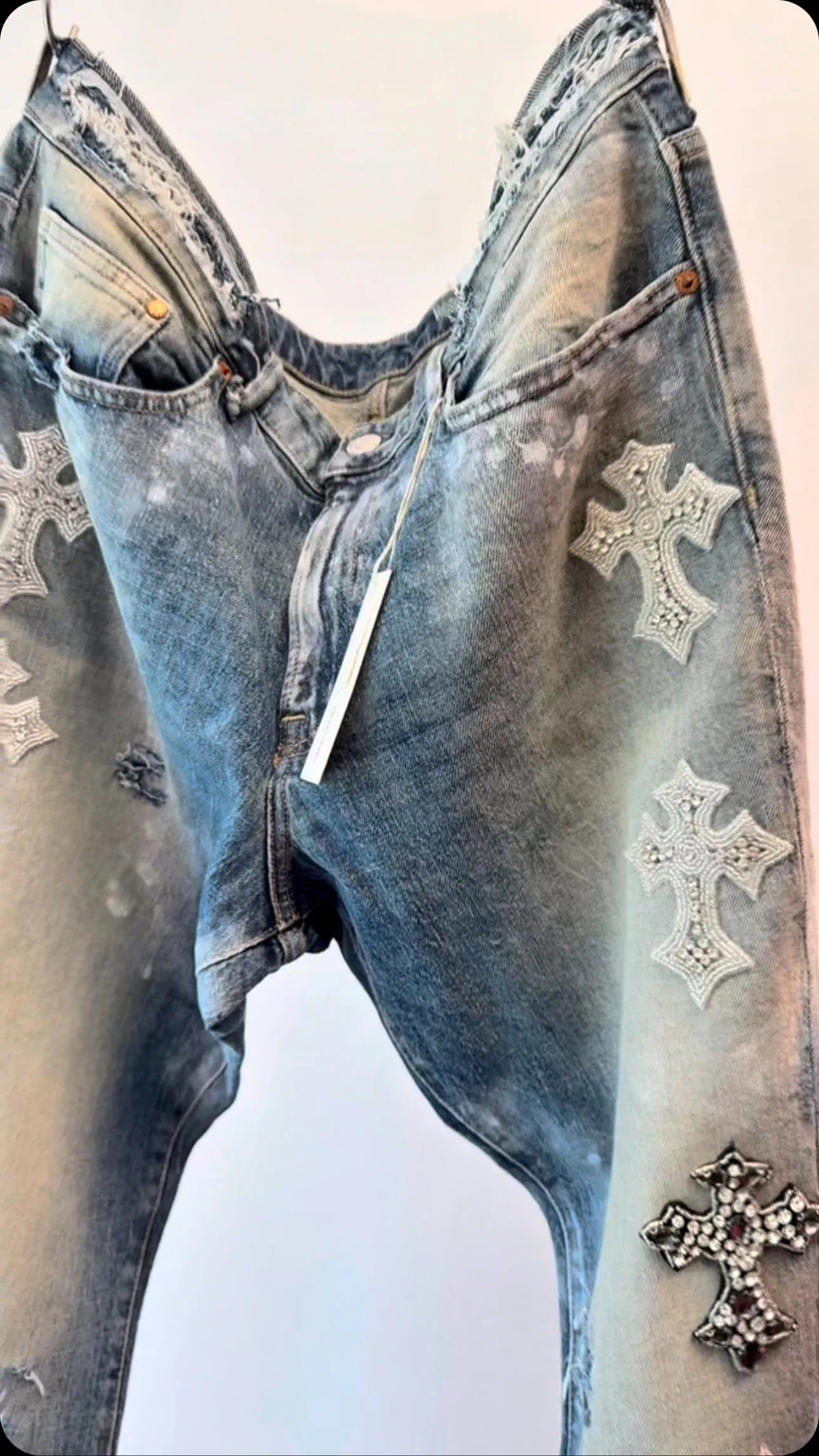 Vintage Cross Rhinestone Jeans Y2K Clothes Mens Womens Harajuku Vintage Rhinestone Blue Baggy Jeans Low Waist Wide Leg Trousers