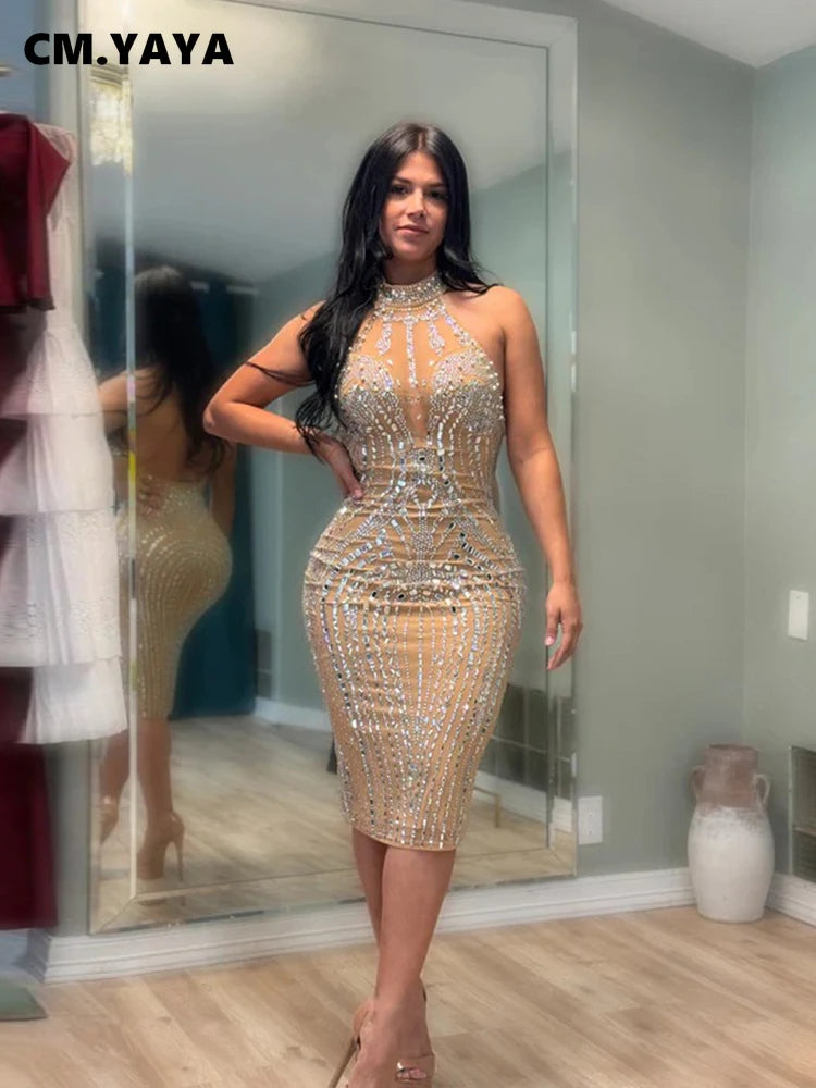 CM.YAYA Women Sleeveless Diamonds Hot Rhinestones Bodycon Midi Dress 2024 Fall Sexy Street Party Club Evening Birthday Dresses