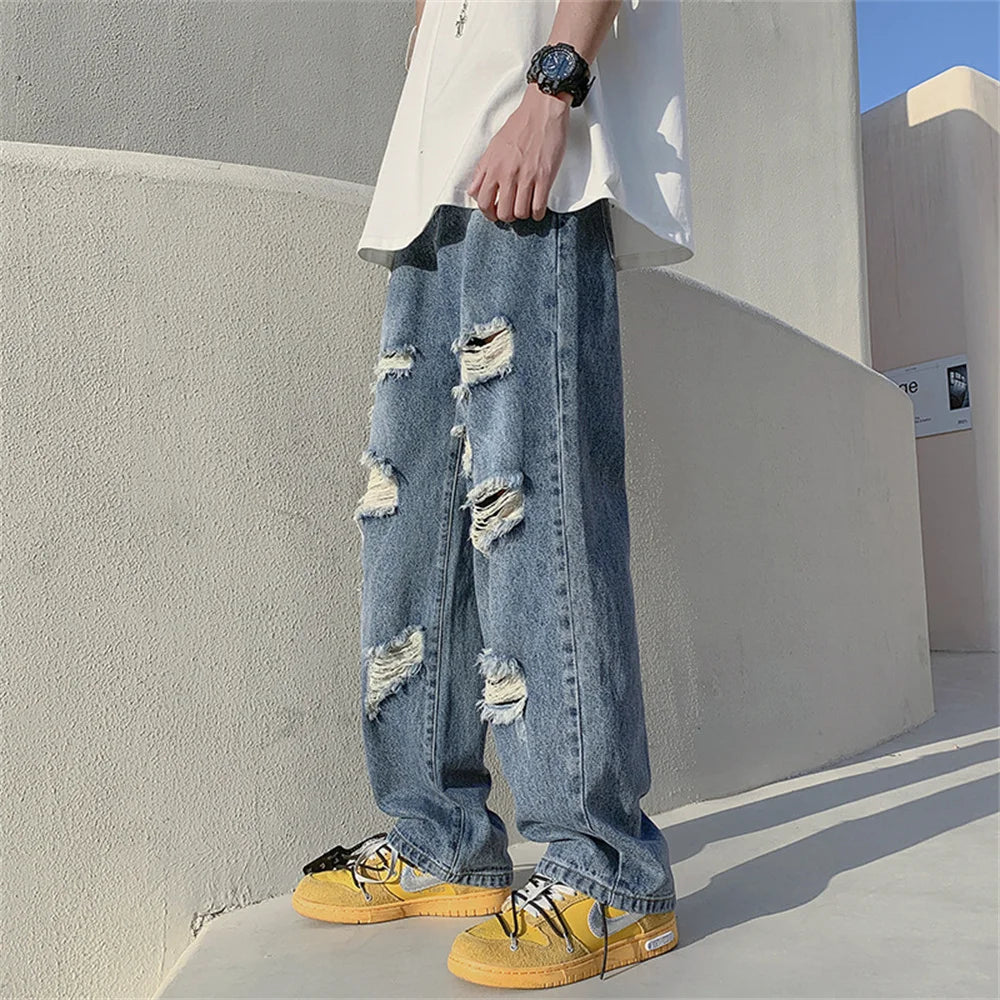 Summer Blue Black Ripped Jeans Men Fashion Casual Wide Leg Jeans Mens Streetwear Loose Hip Hop Straight Hole Denim Pants Men
