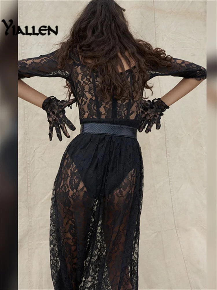 Yiallen Y2k Fashion Party Vacation Beach Sexy Black Lace Long Dress Women's Spring Quarter Sleeve Mid-Calf Dresses Clubwear