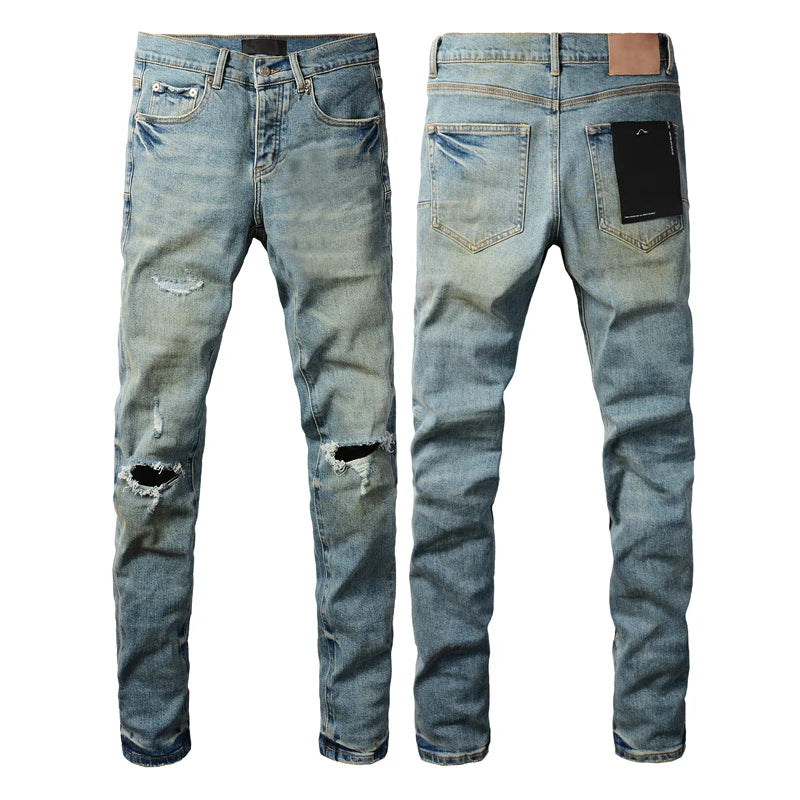 High Street Style Men's Skinny Jeans USA Quality Low Rise Blue Print Letters Fashion Repair Denim Pants Size 28-40