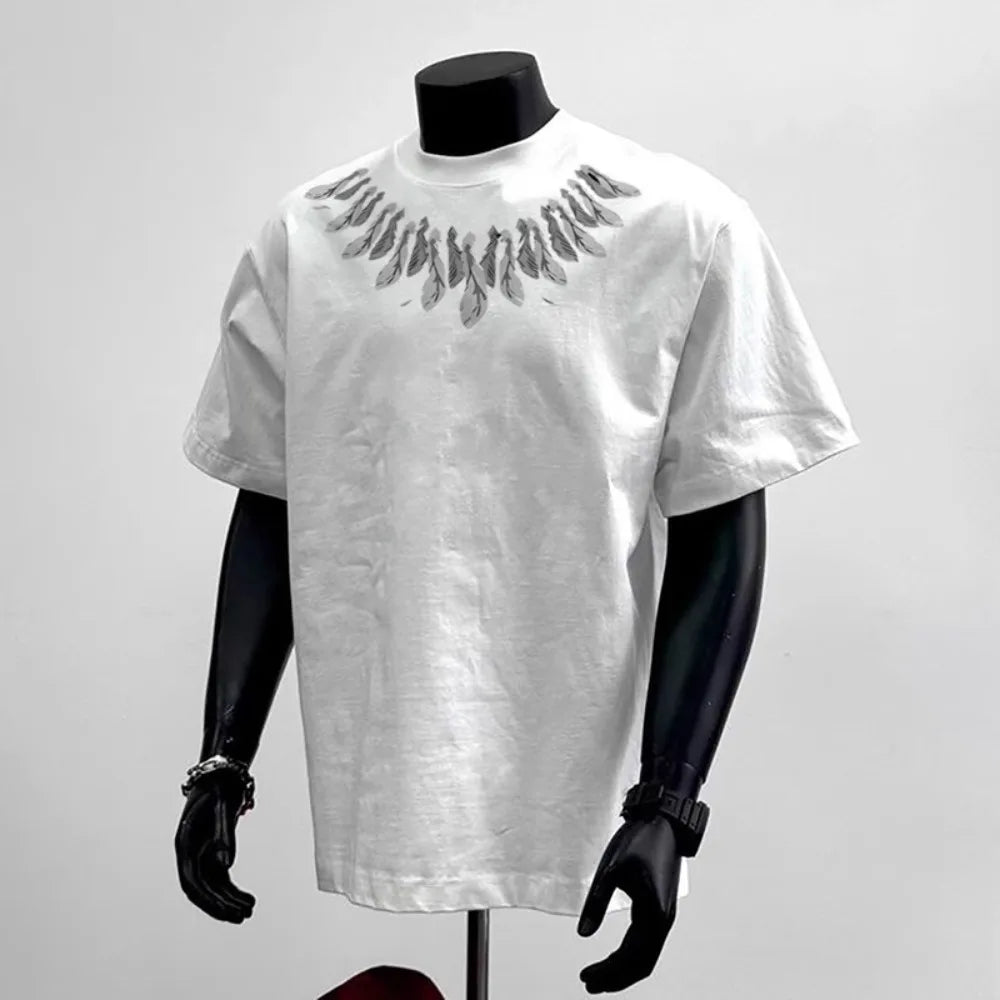 Heavy Duty Tees Tops Pure Cotton Minimalist T-shirt Feather Print Men's Summer Round Neck Loose Casual Short Sleeved T-shirt