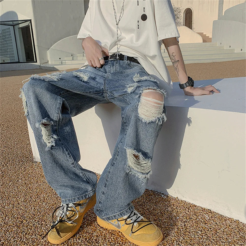 Summer Blue Black Ripped Jeans Men Fashion Casual Wide Leg Jeans Mens Streetwear Loose Hip Hop Straight Hole Denim Pants Men