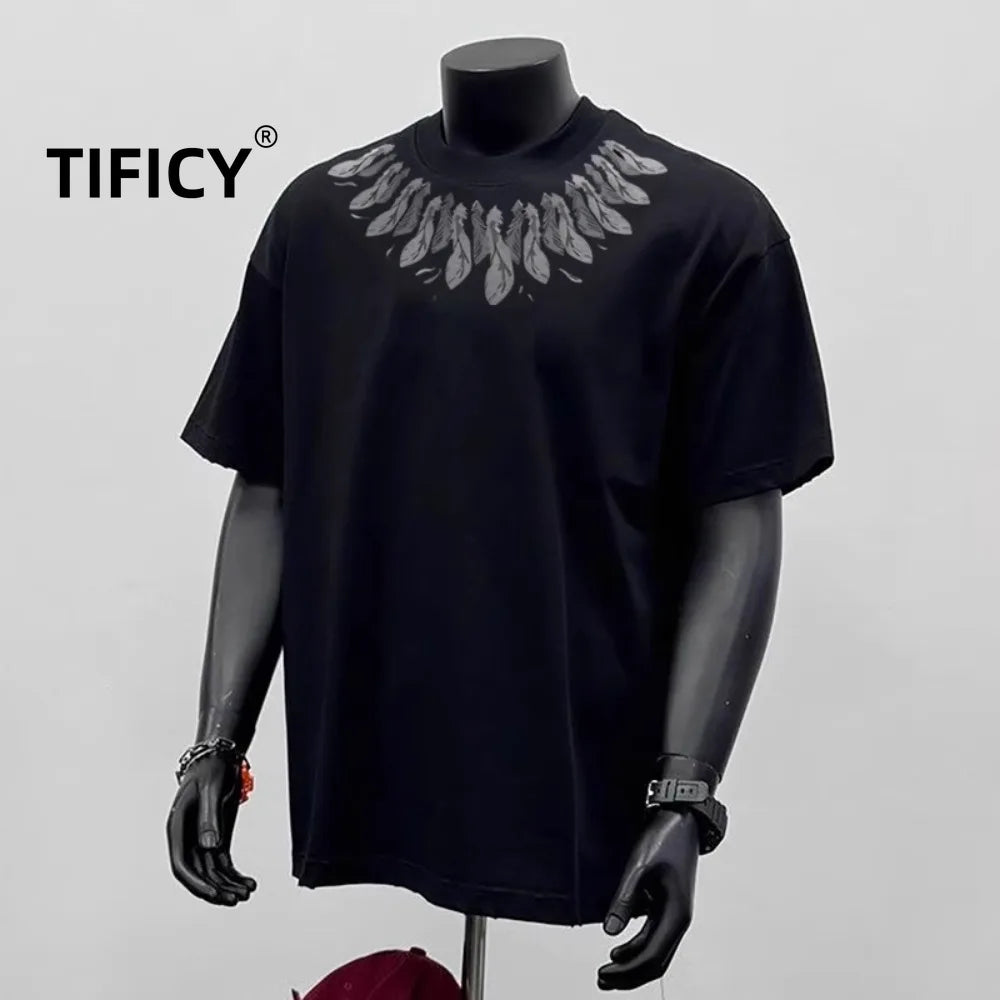 Heavy Duty Tees Tops Pure Cotton Minimalist T-shirt Feather Print Men's Summer Round Neck Loose Casual Short Sleeved T-shirt