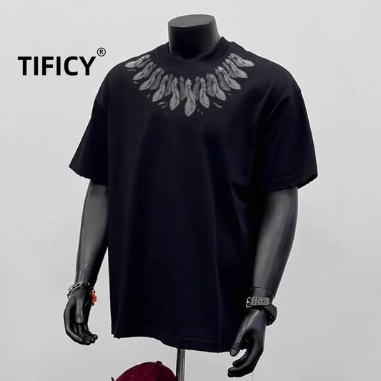 Heavy Duty Tees Tops Pure Cotton Minimalist T-shirt Feather Print Men's Summer Round Neck Loose Casual Short Sleeved T-shirt