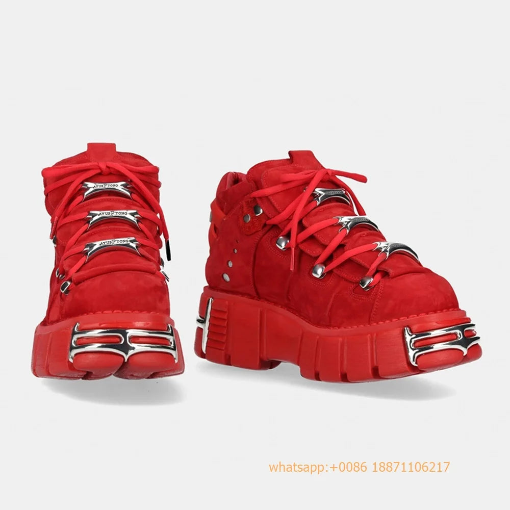 Red Metal Rivet Sports Casual Boots Fashion Women's Round Toe Lace-Up Sport Pumps 2024 New Street Rock Punk Platform Ankle Boots