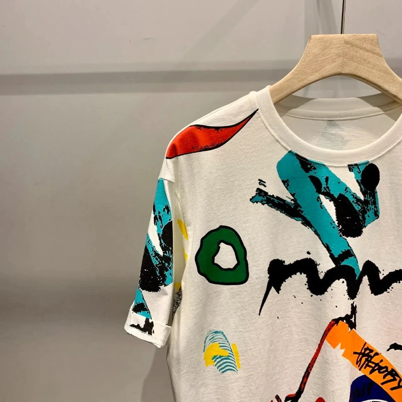 Summer Men's 2024 New Pullover O-Neck Spliced Printed Letter Fashion Loose Minimalist Casual All-match Short Sleeve T-shirt Tops