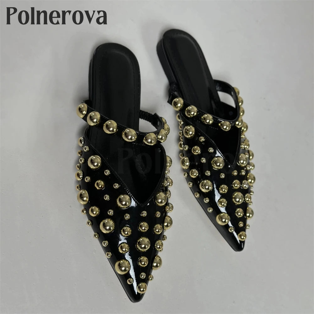 Metallic Beaded Pointed Toe Slippers Sexy Fashion Flat Slippers Custom Color Black Patent Leather Accessories Slip on Shoes New