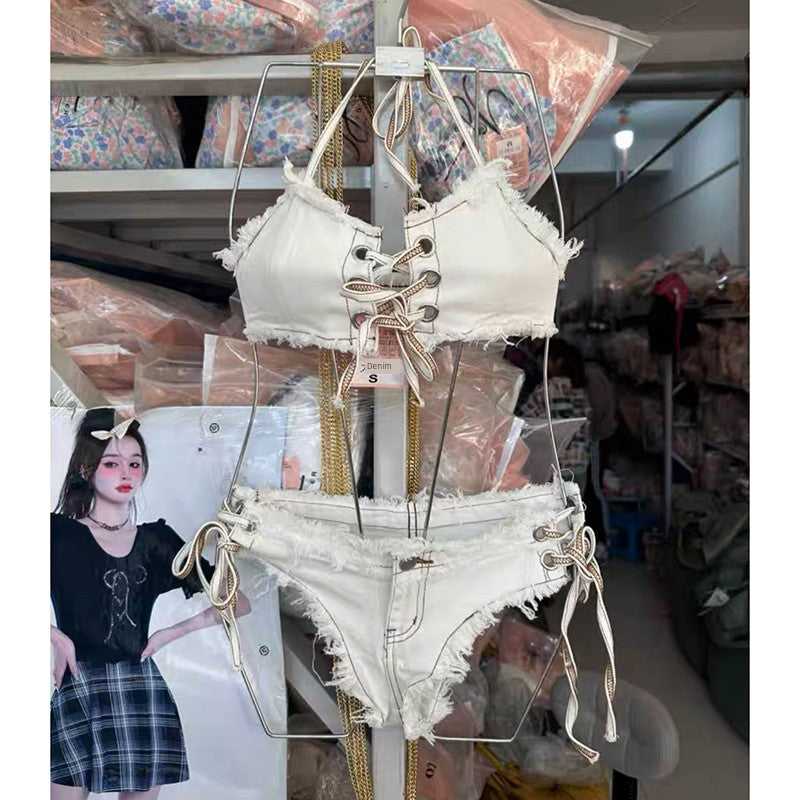 Denim Swimsuit Retro Net Red Hot Girl Ins Separates Three-Point Bikini Vacation Photo Bikini Swimsuit for Women