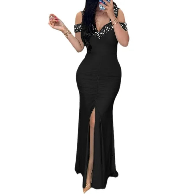 Summer Bodycon Dress Women Diamond Party Dresses Split Off Shoulder Sleeveless Casual Loose Elegant A Line Long Y2k Vestidos