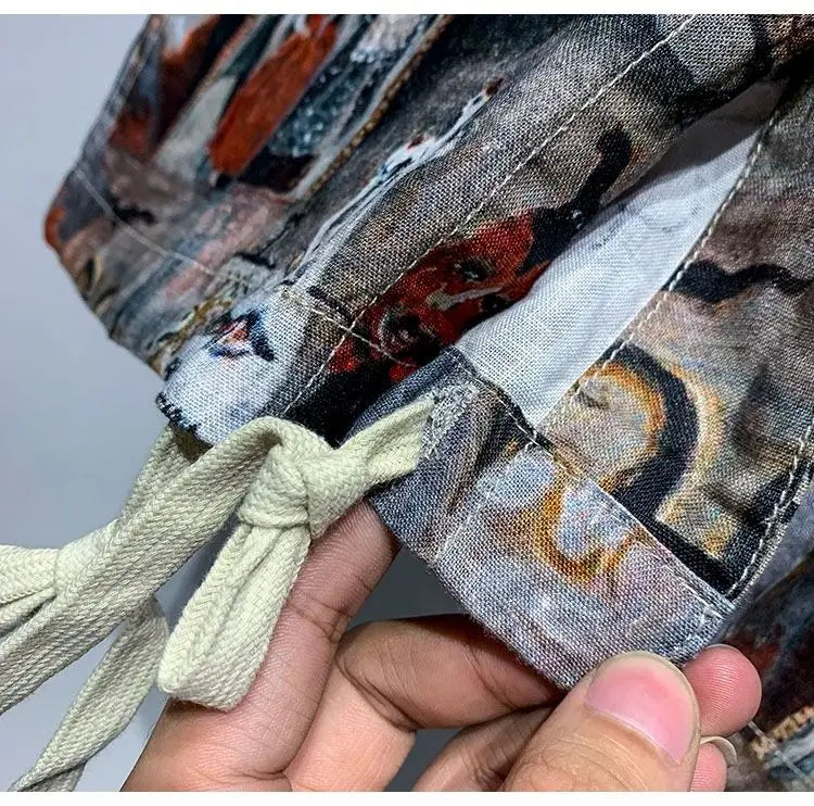 Printed Men Short Sleeved Linen Top Japanese Retro Summer Open Top Shirt