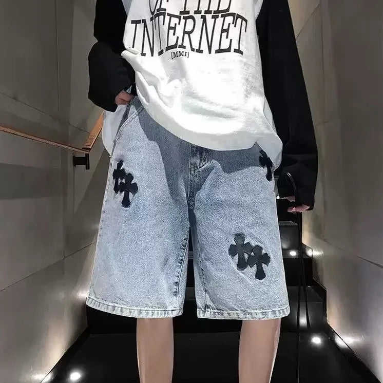 Embroidered denim shorts retro blue casual pants Y2K gothic high street trend diamond cross pattern street clothing hip hop men