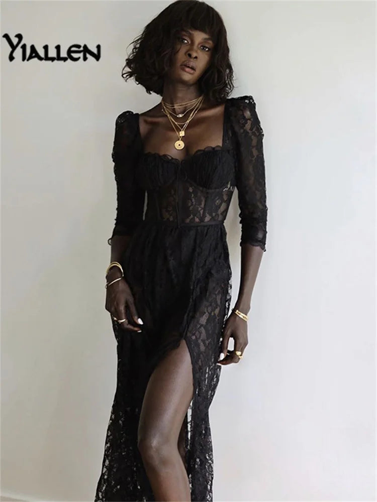 Yiallen Y2k Fashion Party Vacation Beach Sexy Black Lace Long Dress Women's Spring Quarter Sleeve Mid-Calf Dresses Clubwear