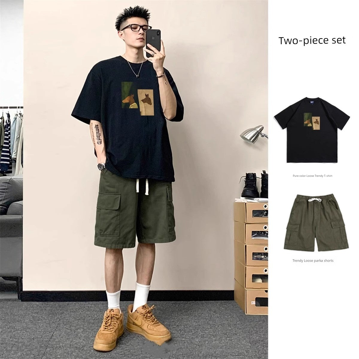 Print round Neck Pure Cotton T-shirt Men's Suit Summer Menswear a Set of Matching Parka Shorts Fashion Short Sleeve T-shirt