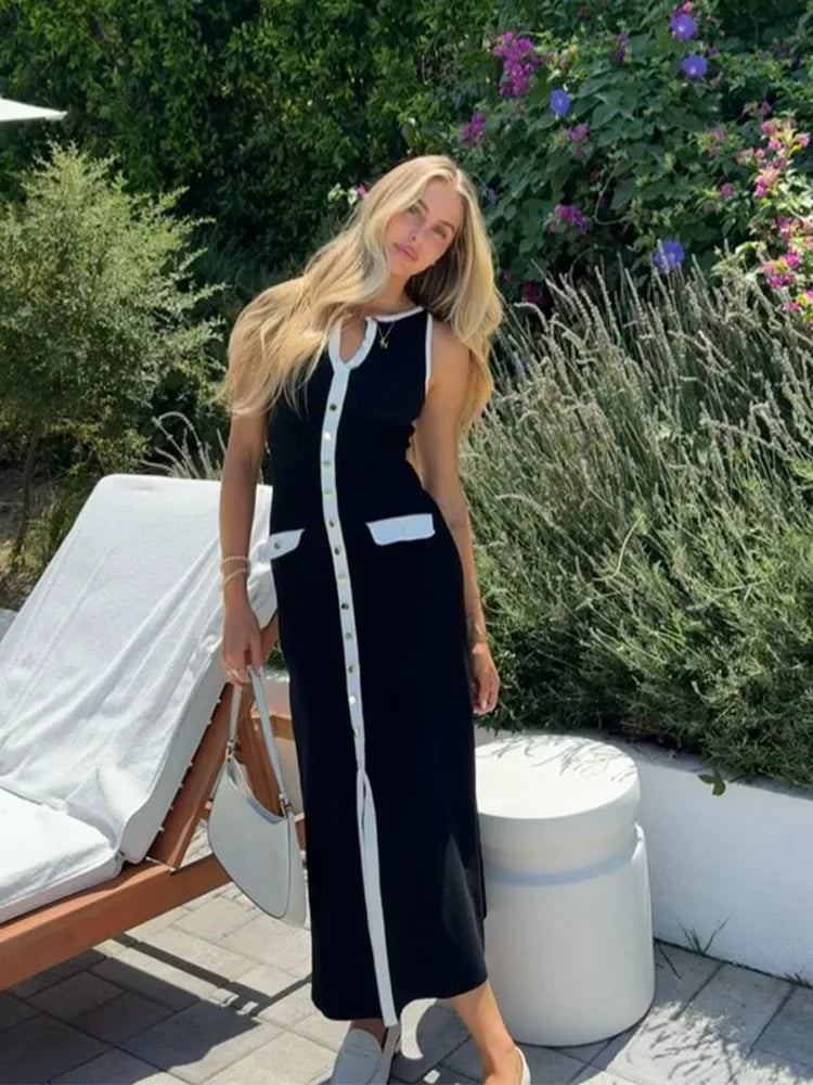 Women Sexy Black Knit Short Pants Suit Elegant Sleeveless Double Pockets Single Breasted Buckle Top 2-piece Set 2025 New Outfits