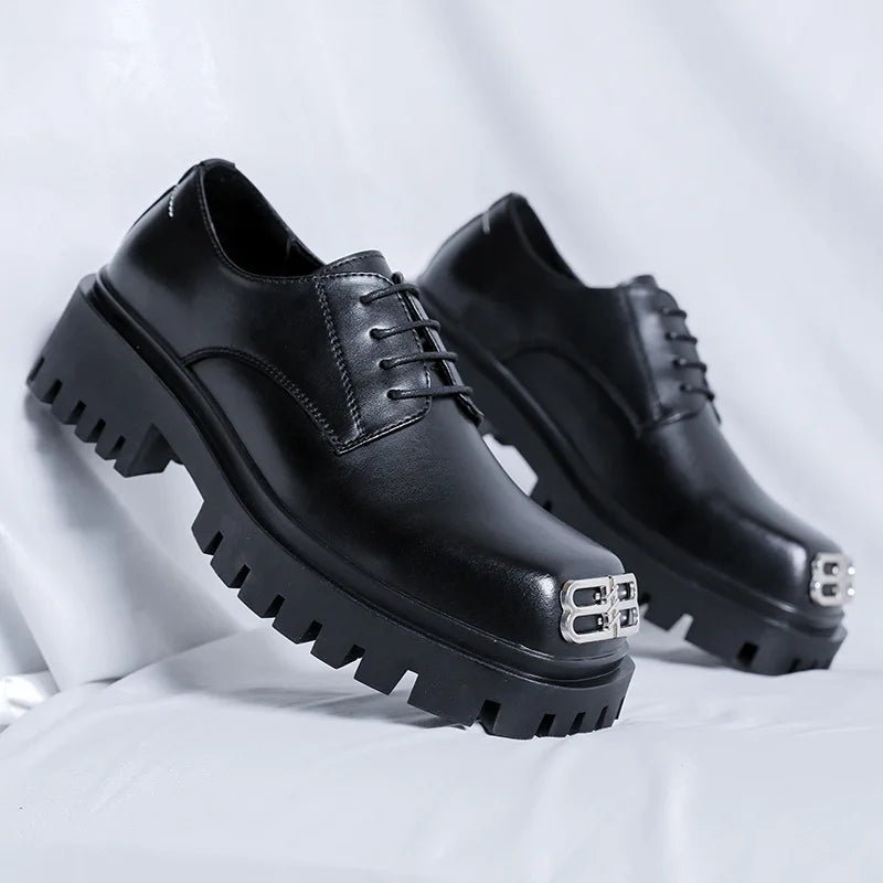 Fashion Mens Casual Leather Derby Shoes Men's Square Toe Trendy Designer Shoe Men Lace-up Thick Sole Heightened Shoes