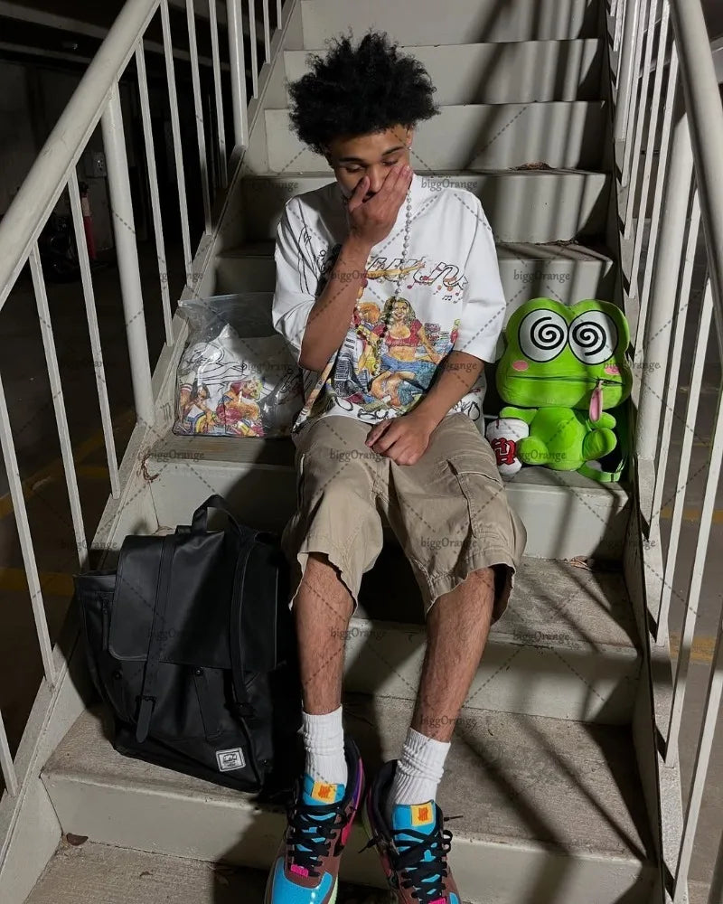 2025 American Hip-hop Oversized T-shirt Y2K Streetwear Men Casual High Street Harajuku Trendy Pure Cotton Round Neck top Women