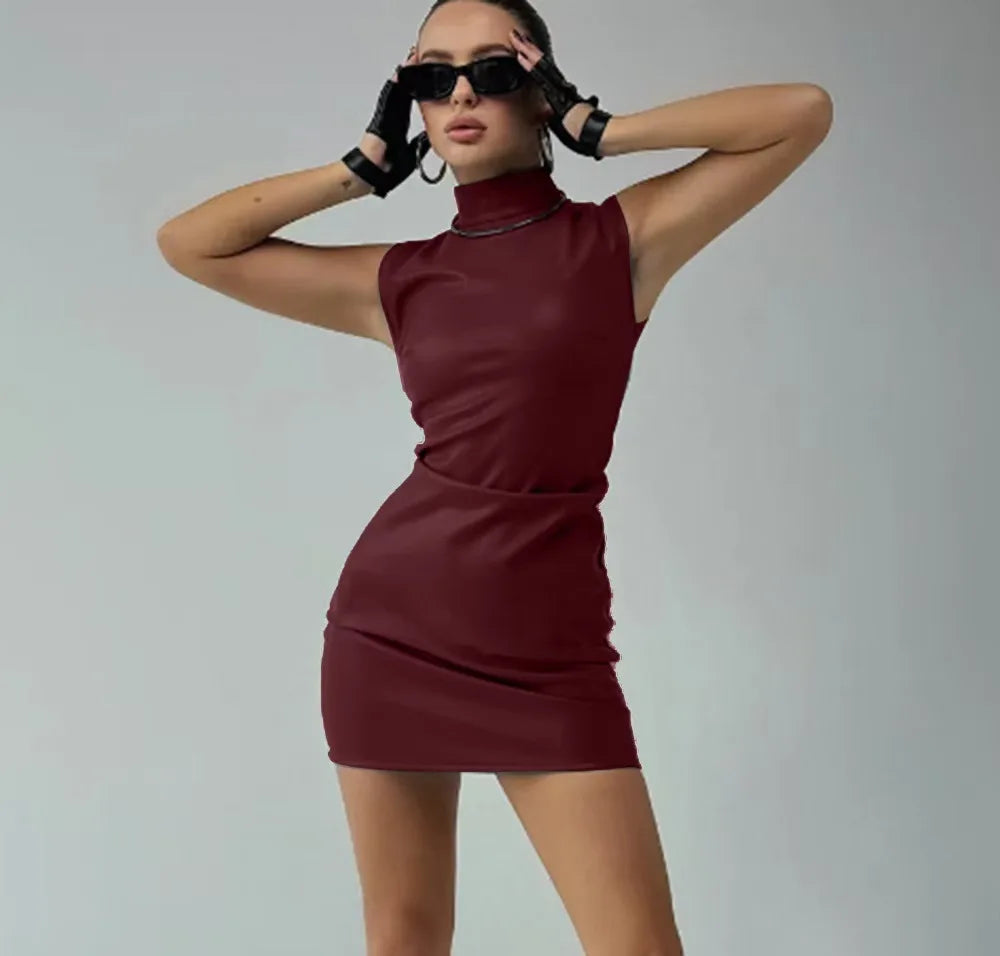Women Faux Leather Bodycon Dress Sexy Sleeveless Mock Neck Slim Pu Leather Mini Dress Y2K Going Out Night Club Party Dress