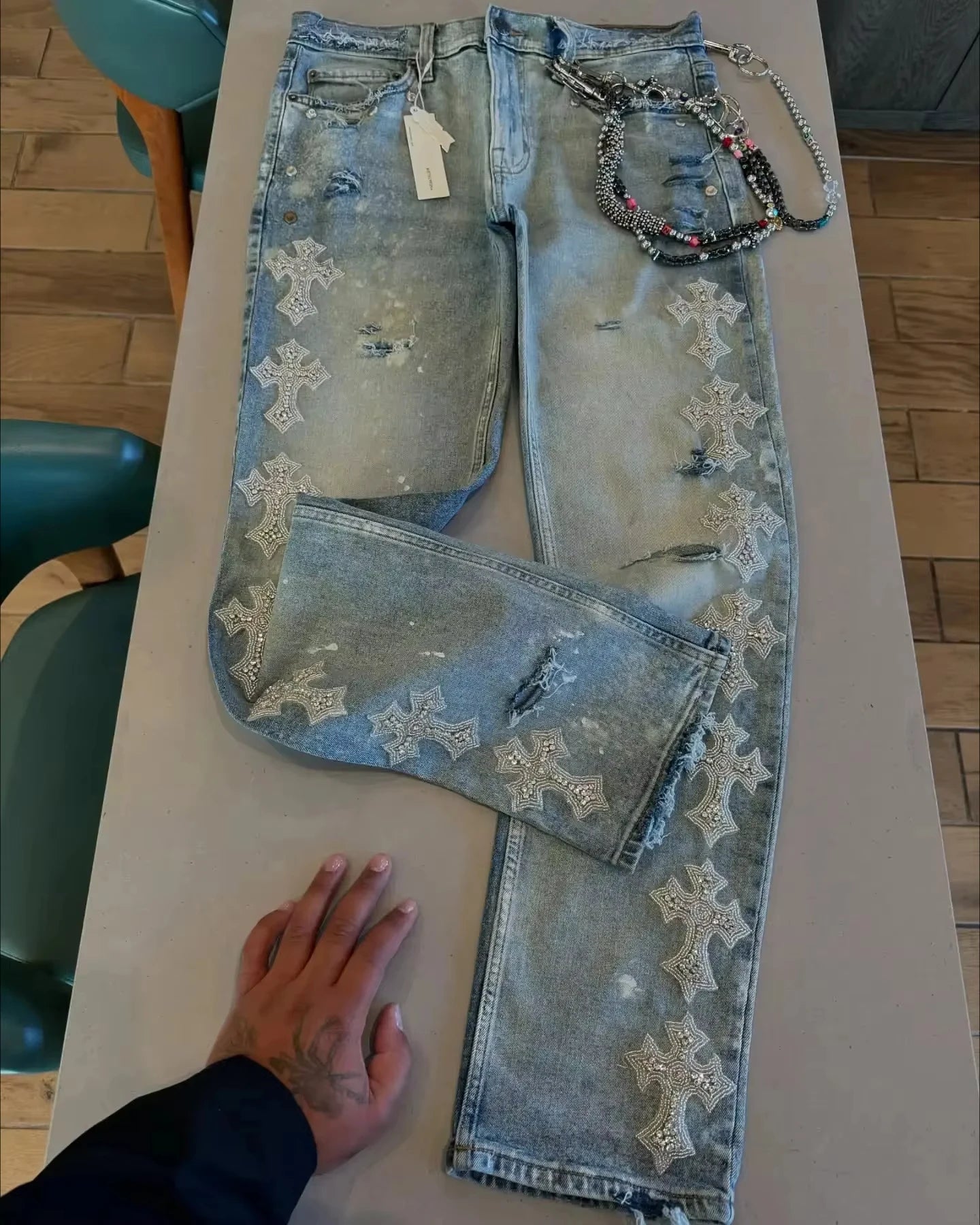 Vintage Cross Rhinestone Jeans Y2K Clothes Mens Womens Harajuku Vintage Rhinestone Blue Baggy Jeans Low Waist Wide Leg Trousers