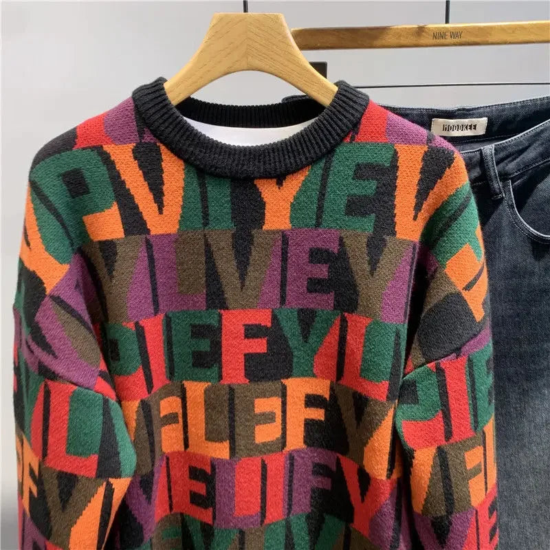 2023 New Autumn and Winter Men Fashion Letter Jacquard Pullover Knitted Sweater Trendy Contrasting Color Design Sweater