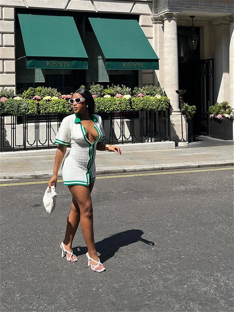 InGrily O-Neck Crochet Women Dress Single-Breasted Shorts Sleeve Green Edge Peach Hip Thin Tight Bodycon Streetwear Hipsters