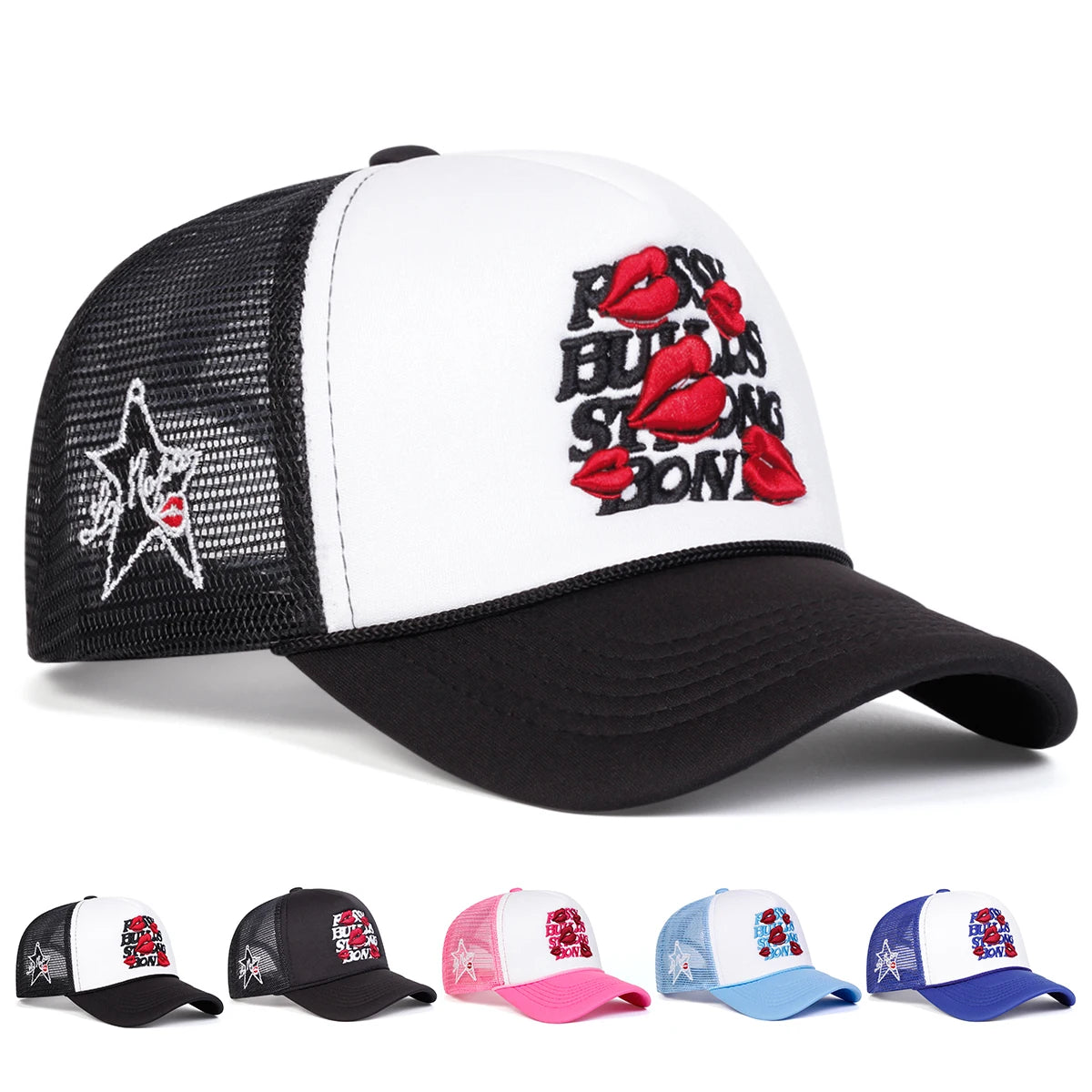 Unisex Letter Lips Embroidery Side Pentagram Baseball Net Caps Spring and Summer Outdoor Adjustable Casual Hats Sunscreen Hat