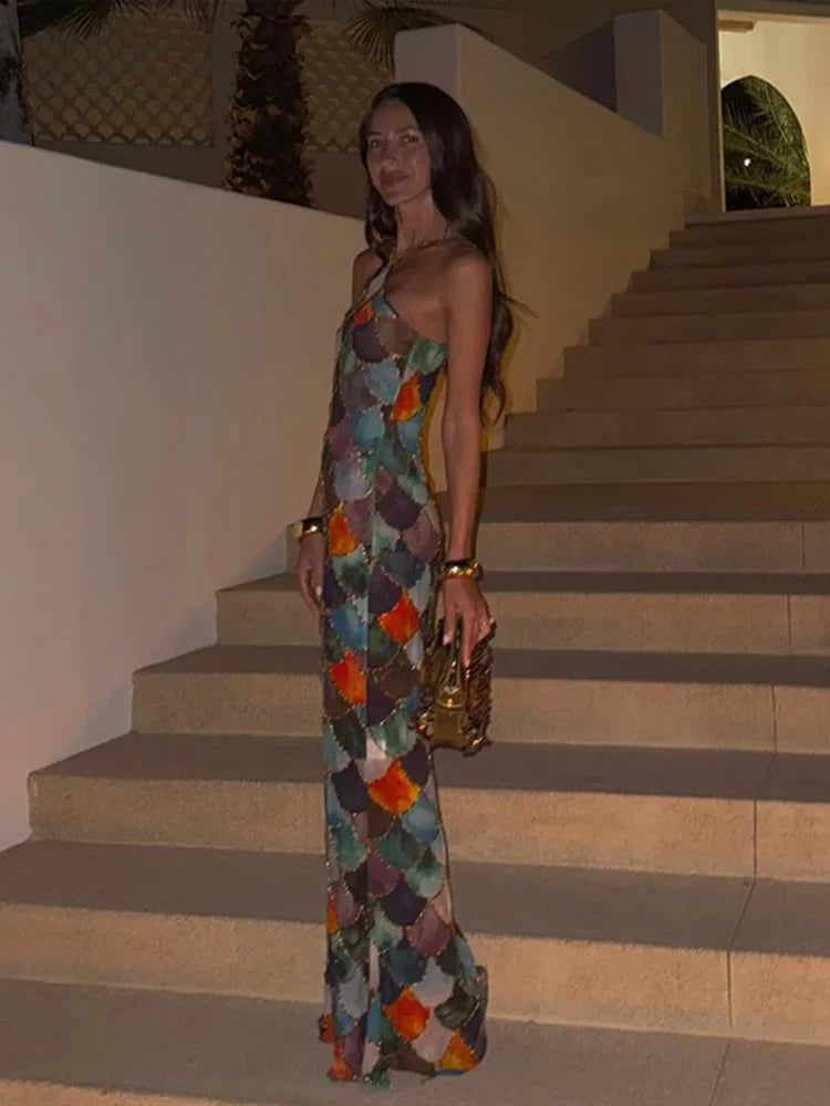 Fashion Scale Print Halter Long Dress Women Sleeveless Backless Sexy Hip Package Maxi Dresses 2025 Summer Autumn New Lady Robes