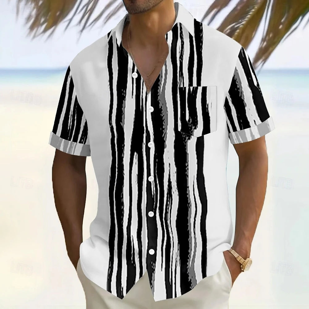 Summer Men's Shirts 3D Casual Plaid Stripe Pattern Hawaiian Button Short Sleeve Shirt Men Clothes Loose Men's Shirts Male Shirts