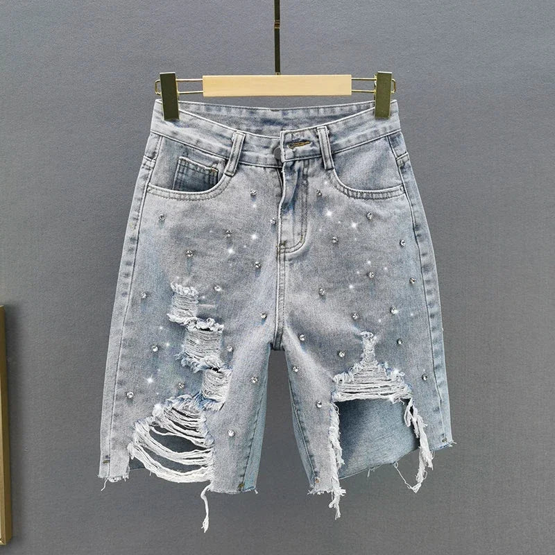 2023 Summer New Diamond Ripped High Waist Loose Light Blue Ins Trendy Women Fifth Jeans