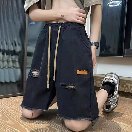 Summer Men's Y2K Vintage Baggy Denim Shorts Hip Hop Streetwear Ripped Short Jeans New Drawstring Wide Leg Blue Jorts Bermudas