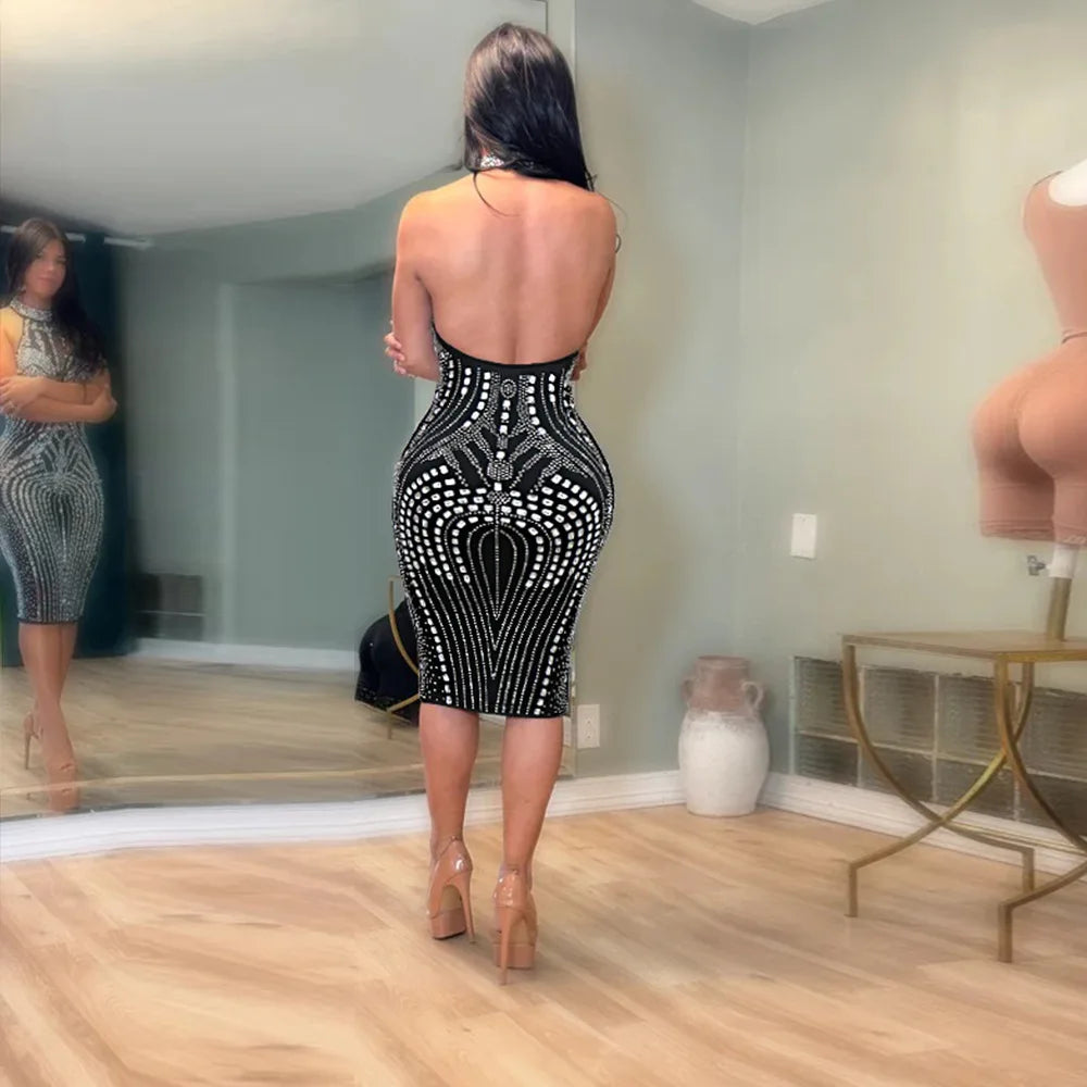 CM.YAYA Women Sleeveless Diamonds Hot Rhinestones Bodycon Midi Dress 2024 Fall Sexy Street Party Club Evening Birthday Dresses