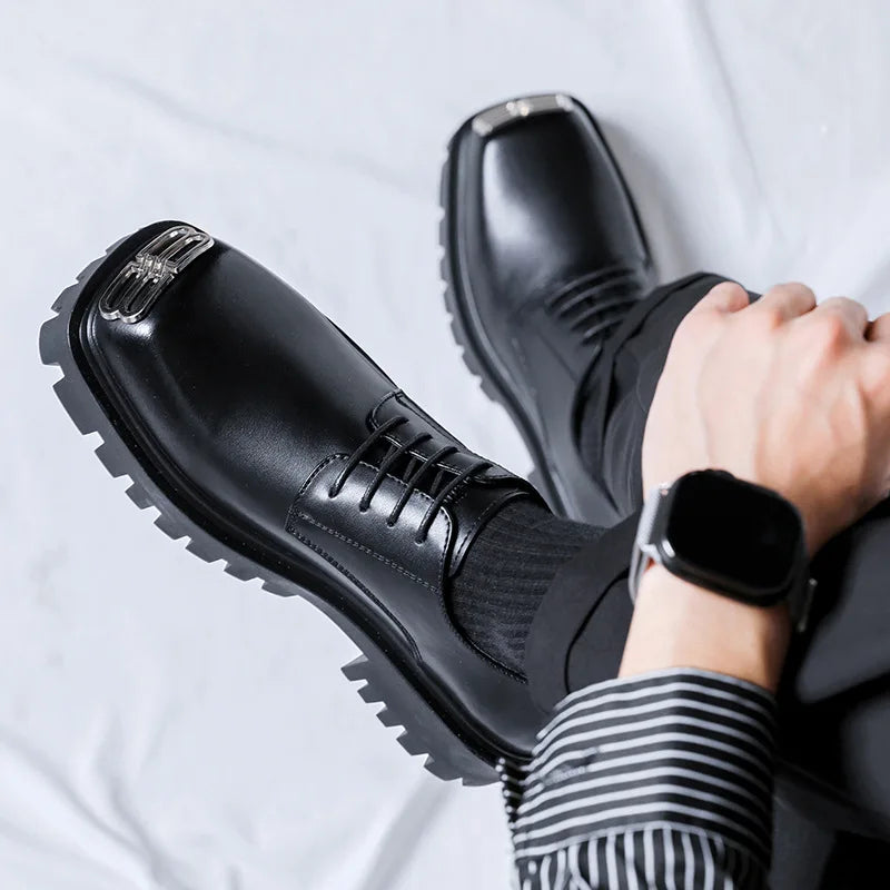 Fashion Mens Casual Leather Derby Shoes Men's Square Toe Trendy Designer Shoe Men Lace-up Thick Sole Heightened Shoes