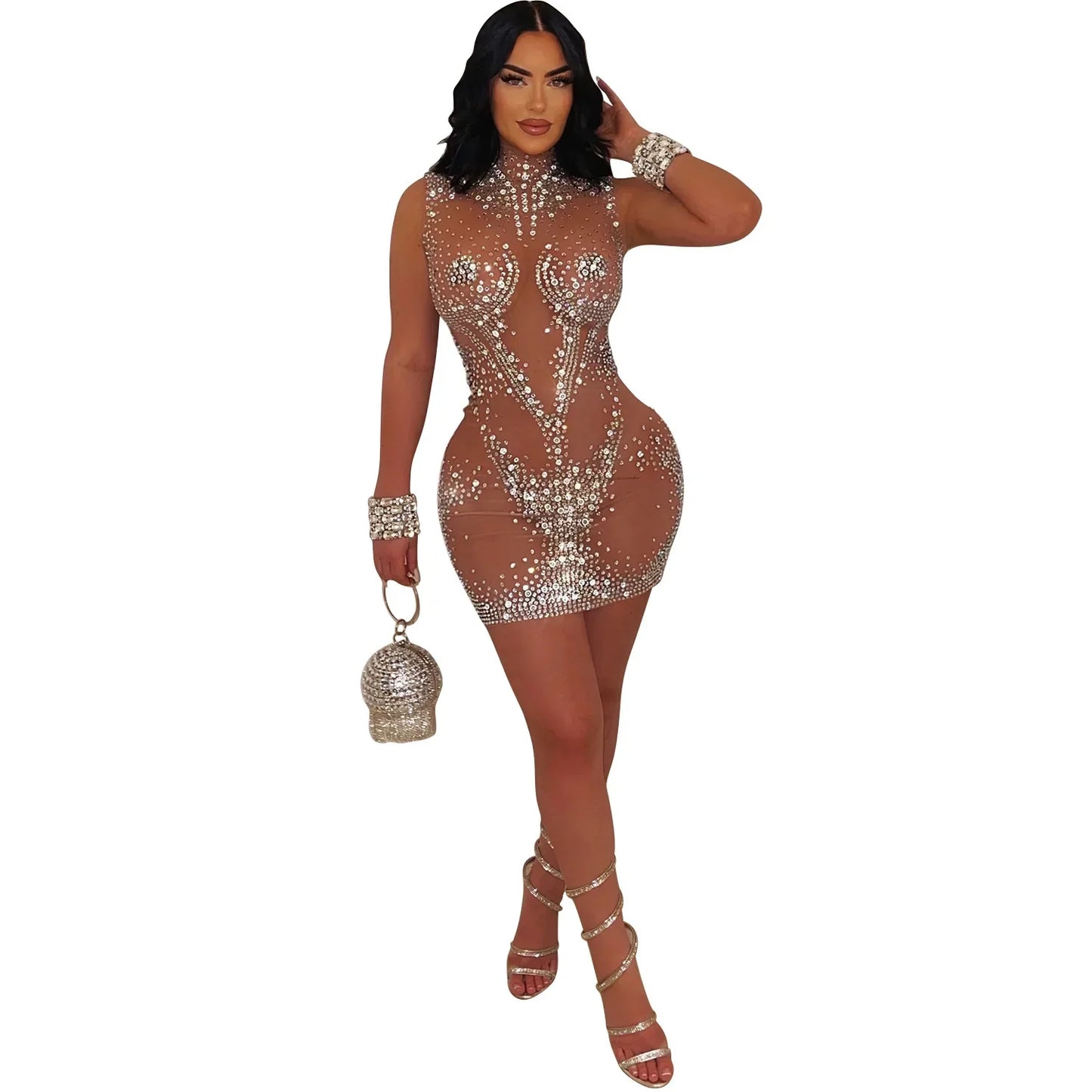 Z2255 Cross-Border Summer New Women's Clothing Sexy Mesh Rhinestone Sleeveless Dress Mini Dress Bodycon Skirt Women's
