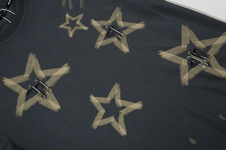 Fashion High Street Oversized Hip Hop T Shirts Streetwear Ripped Tees Star Printed Loose Fit Short Sleeve Tops Tshirt