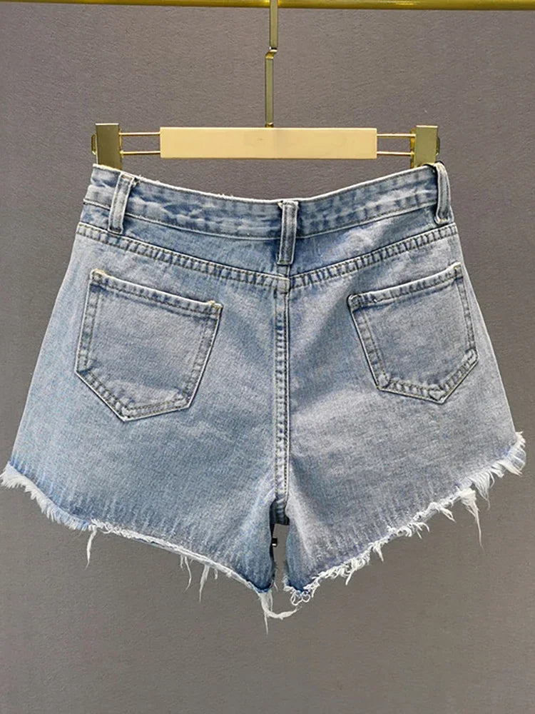 Women's Short Jeans High Waist Distressed Diamonds Tassel Loose Wide Leg Luxury Denim Shorts 2025 Spring Fashion Y2k Skirts