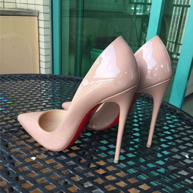 Veowalk Women Glossy Black Patent 12cm Pointy Toe Shallow Stiletto Pumps Classic Elegant OL Ladies Slip on High Heel Dress Shoes