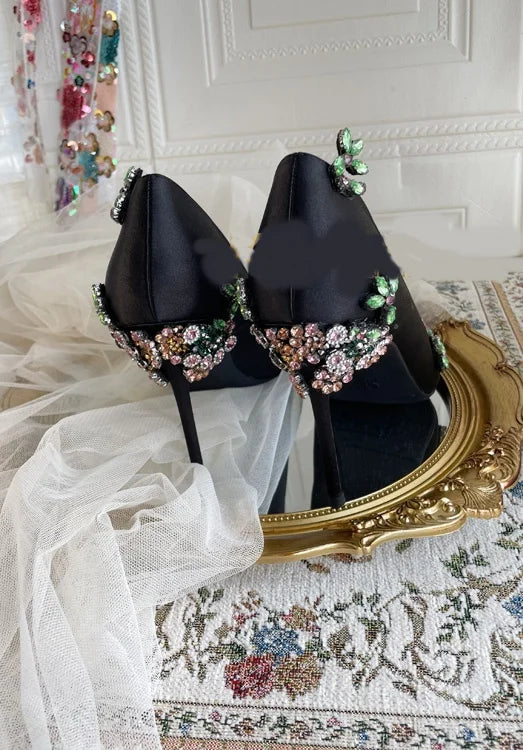 Black Satin Colorful Designer Flower Rhinestone Pointed Toe High-Heeled Women's Pumps Solid Rubber AntiSlip Lady's Shoes