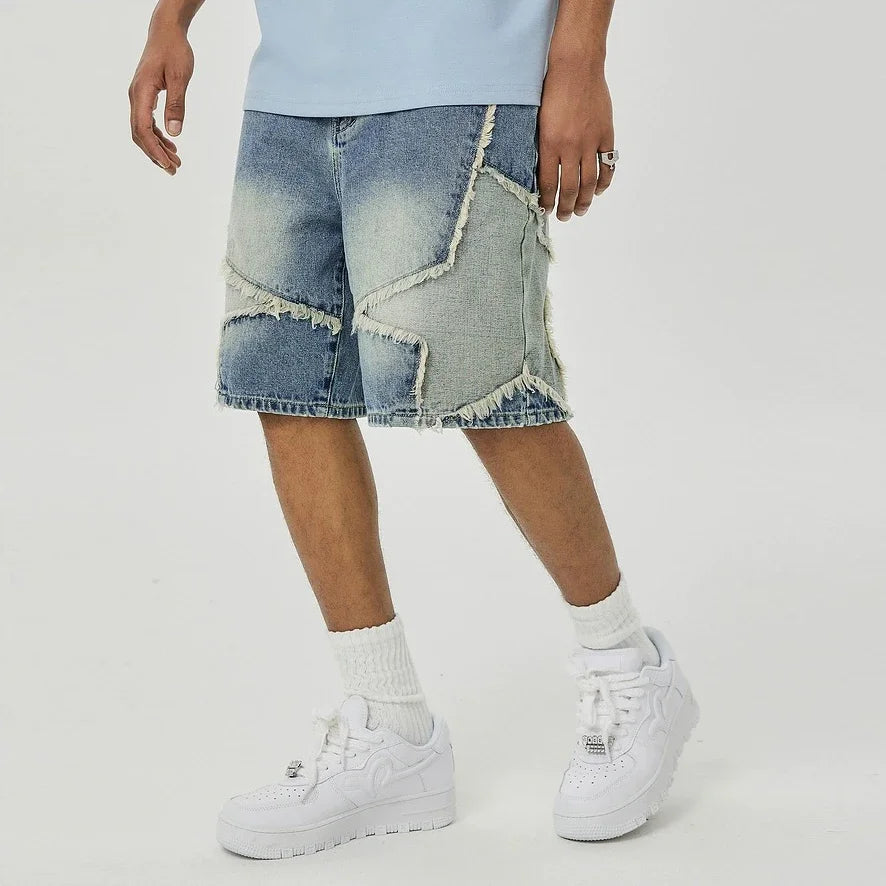High Street Washed Stars Patchwork Baggy Jeans Shorts for Men Wide Leg Straight Casual Denim Five Point Pants Oversized