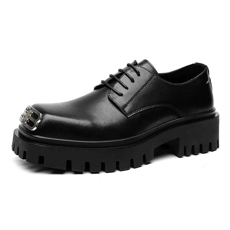Fashion Mens Casual Leather Derby Shoes Men's Square Toe Trendy Designer Shoe Men Lace-up Thick Sole Heightened Shoes