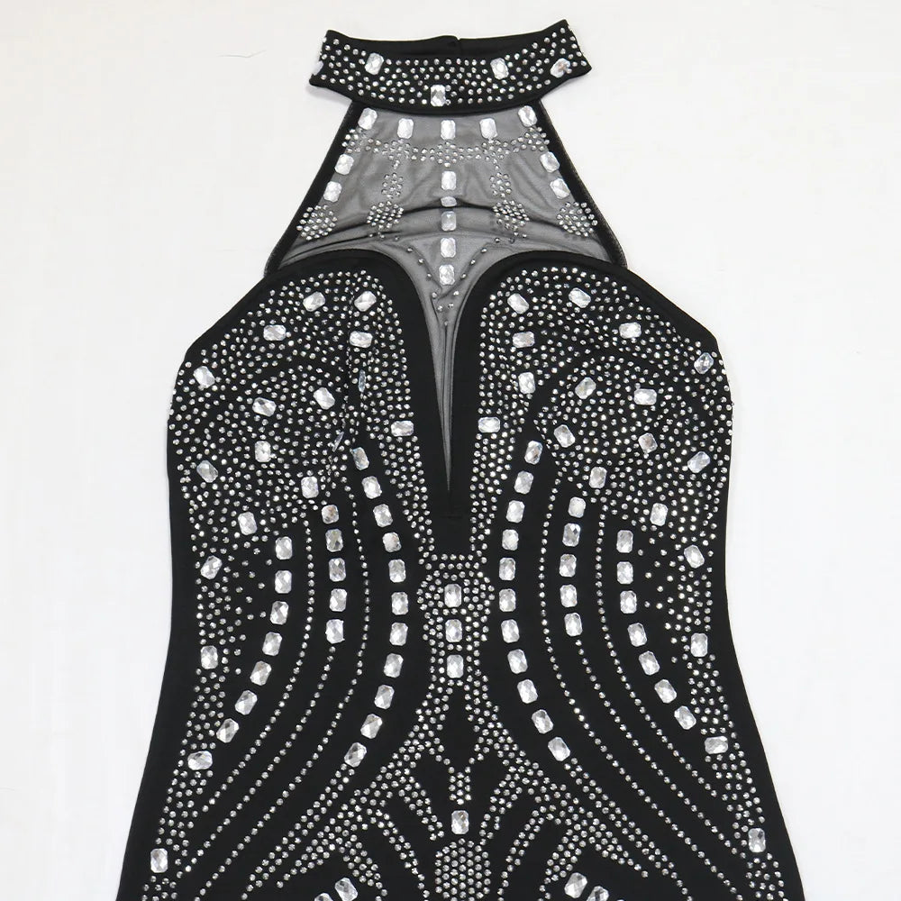 CM.YAYA Women Sleeveless Diamonds Hot Rhinestones Bodycon Midi Dress 2024 Fall Sexy Street Party Club Evening Birthday Dresses