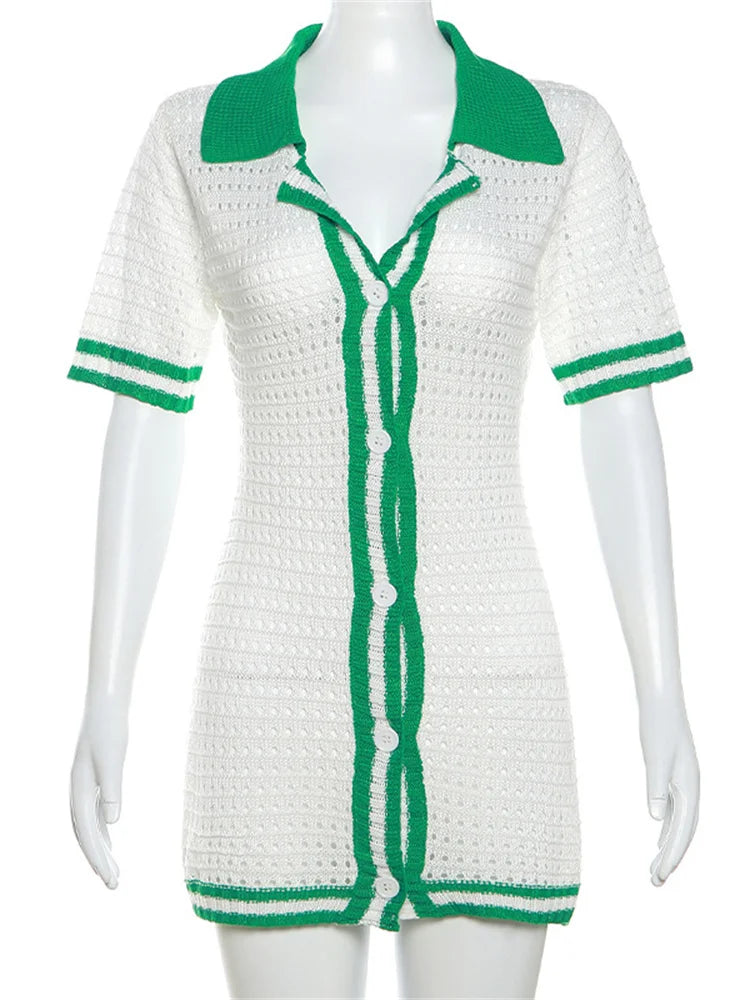 InGrily O-Neck Crochet Women Dress Single-Breasted Shorts Sleeve Green Edge Peach Hip Thin Tight Bodycon Streetwear Hipsters