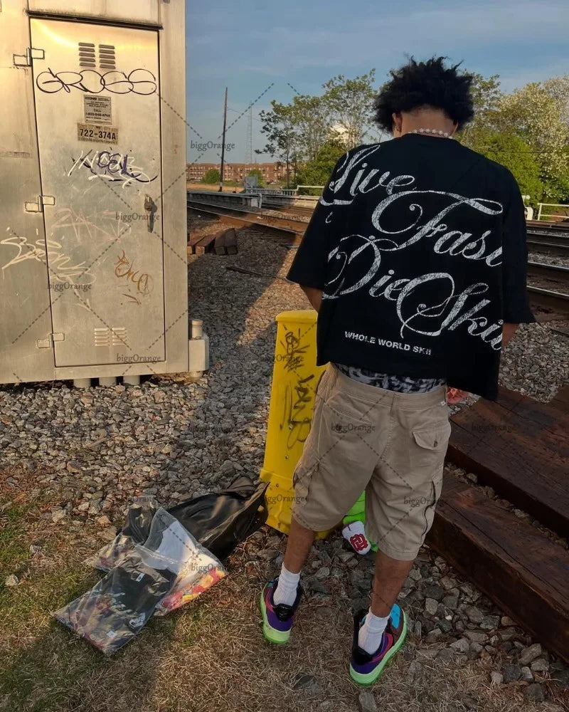 2025 American Hip-hop Oversized T-shirt Y2K Streetwear Men Casual High Street Harajuku Trendy Pure Cotton Round Neck top Women