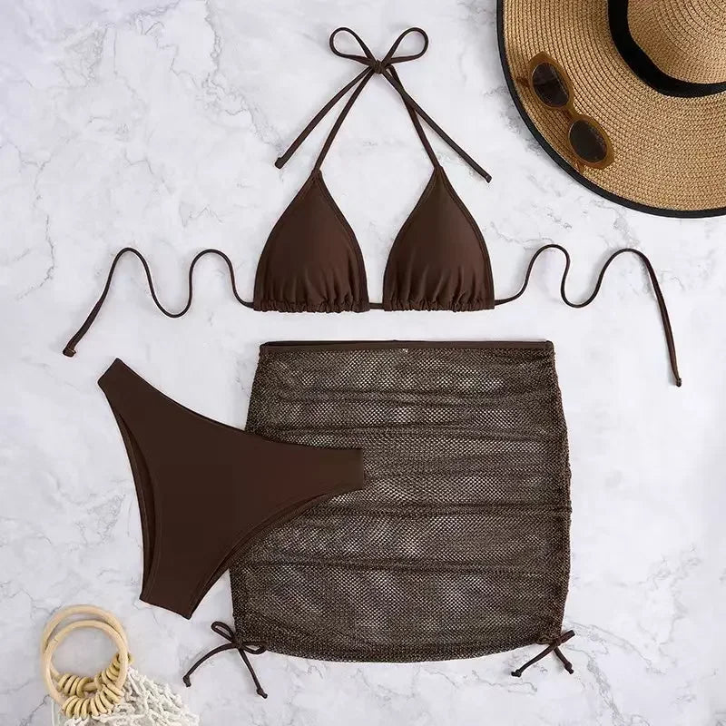 3 Pieces Solid Swimsuit Women Triangle String Bikini 2025 Sexy Swimwear Female With Drawstring Skirt Bathing Swimming Swim Suit